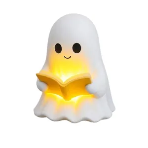 Cute ghost reading book night light with warm yellow glow for Halloween decoration