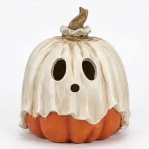 Halloween pumpkin ghost decorative figurine with white sheet costume on white background