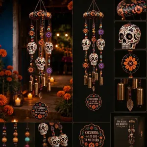 Halloween Retro Metall Schädel Windspiel Mexikanischen Tag Der Toten Bemaltes Skelett Glocke Garten Hängende Dekoration