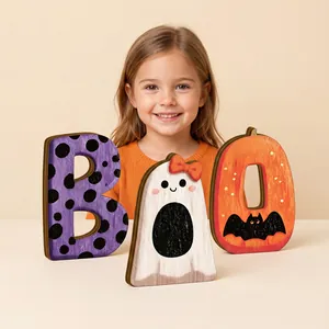 Halloween Holz BOO Schild Geist Kürbis Fledermaus Tischdeko Gruselige Buchstaben Centerpiece Für Haus Party Schreibtisch Deko