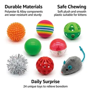 Gedetailleerd overzicht van diverse kleurrijke kattenspeeltjes zoals ballen en muizen