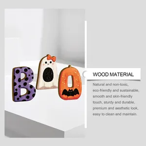 Halloween-Holzschilder-Set BOO mit Geist- und Kürbisdesign, natürliche Materialdetails