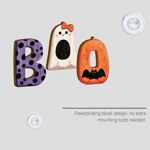 Halloween Freistehende Holzblöcke BOO mit niedlichem Cartoon Geist und Kürbis Design