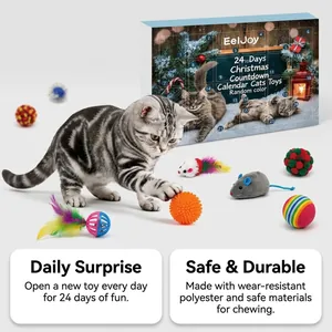 Detailopname van kattenspeelgoed in adventkalender met 24-daagse afteldoos en kattenspeeltjes.
