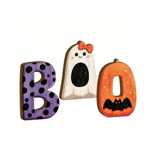 Halloween Holzschilder BOO mit niedlichem Geist Kürbis und Fledermaus für Partydeko