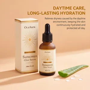 OceAura Sunscreen Glow Serum detail showing 30ml bottle with aloe hydration prop