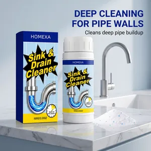 Detailed view of Homexa drain cleaner powder and the professional blue packaging layout