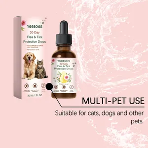 Detail view of YEGBONG pet flea and tick protection drops in a 30ml dropper bottle.