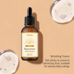 Macro detail of OceAura sunscreen glow serum bottle with refreshing texture droplets