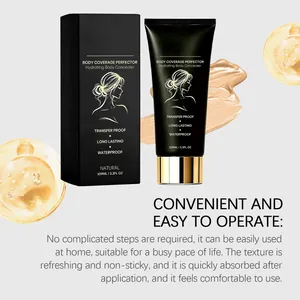 Detailweergave van de Body Coverage Perfector concealer met tube, doos en textuurstalen.