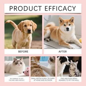 Pet grooming spray efficacy showing before and after hair cleaning results for dogs and cats.