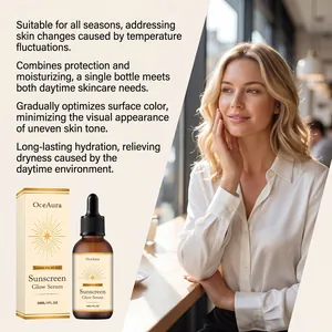 Detail view of OceAura Sunscreen Glow Serum with benefits and lifestyle model scene