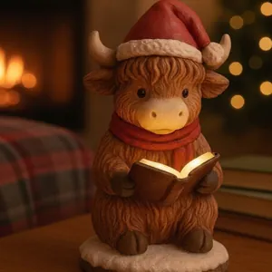 Luce Notturna Mucca delle Highlands che Legge Natale Figuina di Animale in Resina Sintetica con Cappello Sciarpa LED Arredo Casa