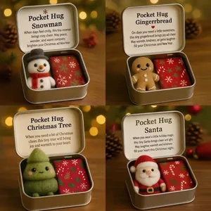 Christmas Theme Pocket Hug Gift Set Handmade Wool Felt Santa Snowman Gingerbread Man Tree With Tin Box Holiday Ornament