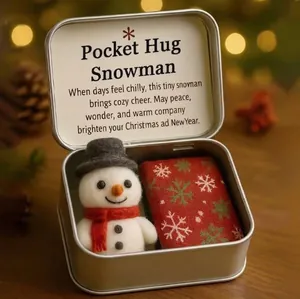 Handmade Christmas-themed pocket hug snowman gift set with felt toy in a portable metal tin box