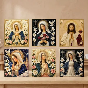 Collection of six religious DIY diamond art paintings showing detailed beadwork and icons