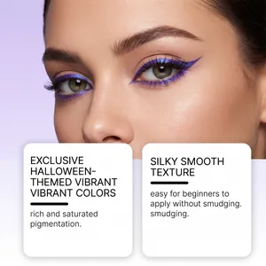 Gros plan d'un eye-liner violet d'Halloween montrant un maquillage soyeux et lisse