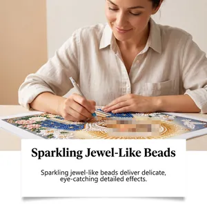 Close-up of DIY diamond painting showing sparkling beads applied with a stylus tool