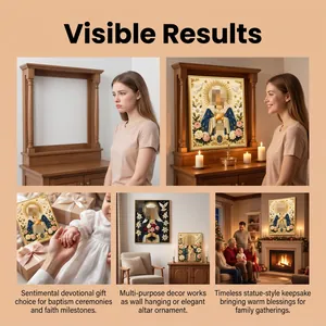 Collage showing DIY diamond art painting of Virgin Mary in various home decor settings