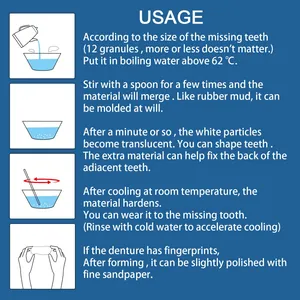 Detailed usage instructions for thermal beads tooth repair material in blue background