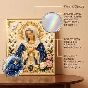 Detailed view of DIY pearl rhinestone painting with Virgin Mary on pearlescent fabric.