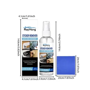 Kit de spray eliminador de adhesivos RayHong con dimensiones y paño de microfibra azul