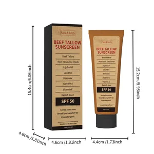 Dimensions de la crème solaire au suif de bœuf : tube de 100g et boîte pour visage et corps