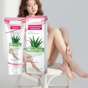 Detailed view of mild hair removal cream with aloe vera next to model's smooth legs.