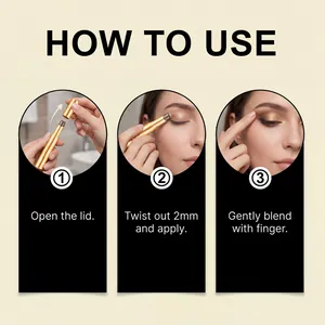 Three-step instruction guide for using golden shimmer earth tone eyeshadow stick for eye makeup