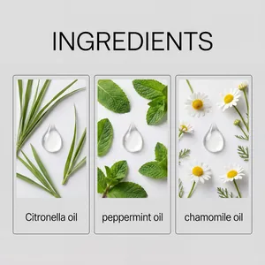 Vue détaillée des ingrédients naturels comme les huiles de citronnelle, menthe et camomille