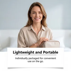 Detail view of a portable beige storage pouch held by a smiling model for travel