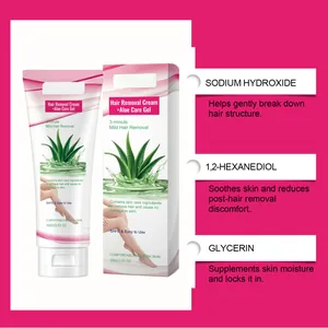 Detail view of hair removal cream showing ingredients like Sodium Hydroxide and Glycerin