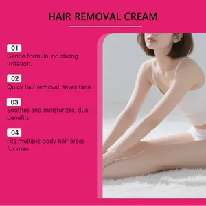 Detailed features of gentle hair removal cream displayed on model with smooth skin