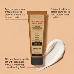 Détail du tube de crème solaire au suif de bœuf avec texture crème, SPF 50 et ingrédients
