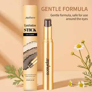 Detail of zephoco eyeshadow stick with earth tones and gentle formula marketing.