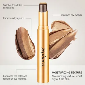 Close-up of zephoco dual-color eyeshadow stick with shimmer swatches and texture details.