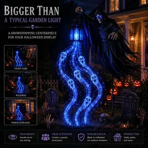 Close-up of Halloween Soul Harvester garden light with glowing blue fiber optic ghosts.