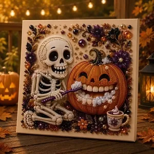 Vue détaillée de l'art mural d'Halloween en perles DIY avec squelette et citrouille