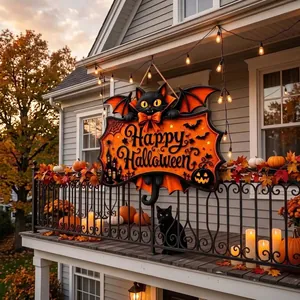 Enseigne Halloween chat noir ailé chauve-souris avec texte Happy Halloween