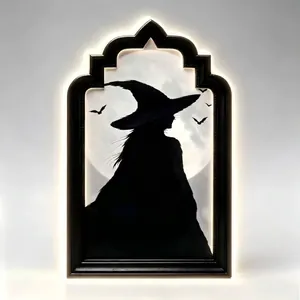 Illuminated Halloween hologram ghost mirror featuring a detailed witch and moon silhouette