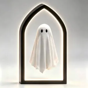 Detailed view of Halloween hologram ghost figure inside a lighted Gothic arch mirror