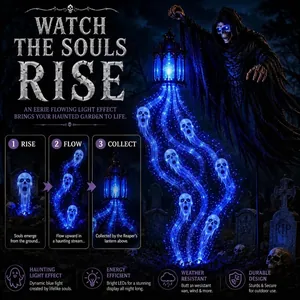 Detailed feature display of Halloween Soul Harvester yard light with blue flowing souls effect.