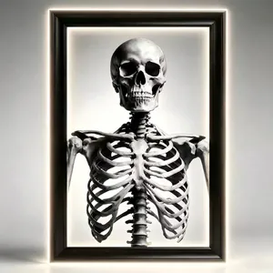 Close-up of 3D Halloween hologram mirror featuring a realistic human skeleton