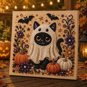 Détail d'une décoration murale d'Halloween DIY avec un chat en perles et des citrouilles