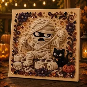 Vue détaillée d'une décoration murale Halloween avec perles 3D et momie