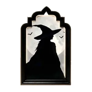 Gothic Halloween hologram ghost mirror with a black arched frame and witch silhouette
