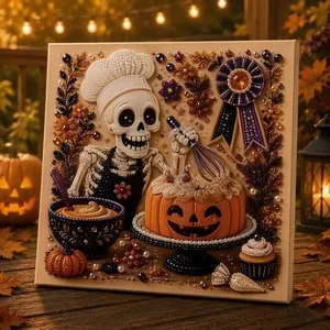 Vue détaillée d'une décoration murale 3D d'Halloween avec chef squelette et perles