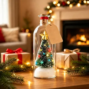 Close-up of a miniature Christmas tree inside a glass wishing bottle for holiday decor.