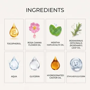 Liste d'ingrédients naturels pour coffret d'huiles essentielles avec romarin et vitamine E.