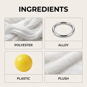 Dettaglio dei materiali sicuri come poliestere, lega, plastica e peluche per giocattoli.